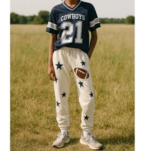 Judith March Football Embroidered‎ Star Print Fleece Jogger Pants Cream Large